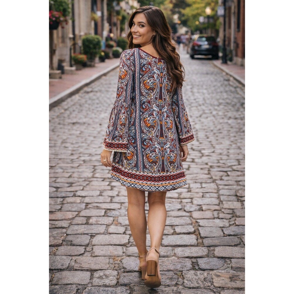 My Michelle Boho Paisley Dress Size Large Bell Sleeve Tunic Burgundy Hippie ‘70 - Picture 3 of 12